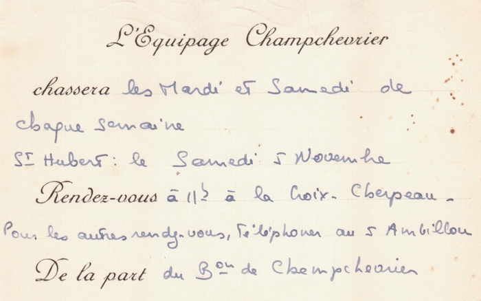 Champchevrier - Archives du Château de Montpoupon - Don à la Société de Vènerie